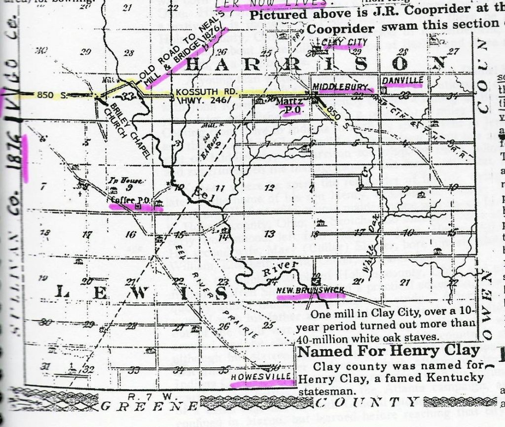 1876 Map of Southern Clay County Showing Kossuth Road